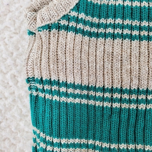 Vtg Van Heusen Dad Vest L Pullover Beige Green Striped Cotton Linen USA 90s NWT - Picture 5 of 10